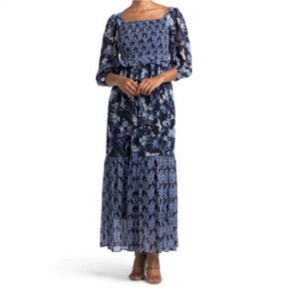 Taylor Dresses & Skirts - Taylor Floral Tiered Maxi Dress Smocked Tie Back Flowy Blue & White NWT 6P